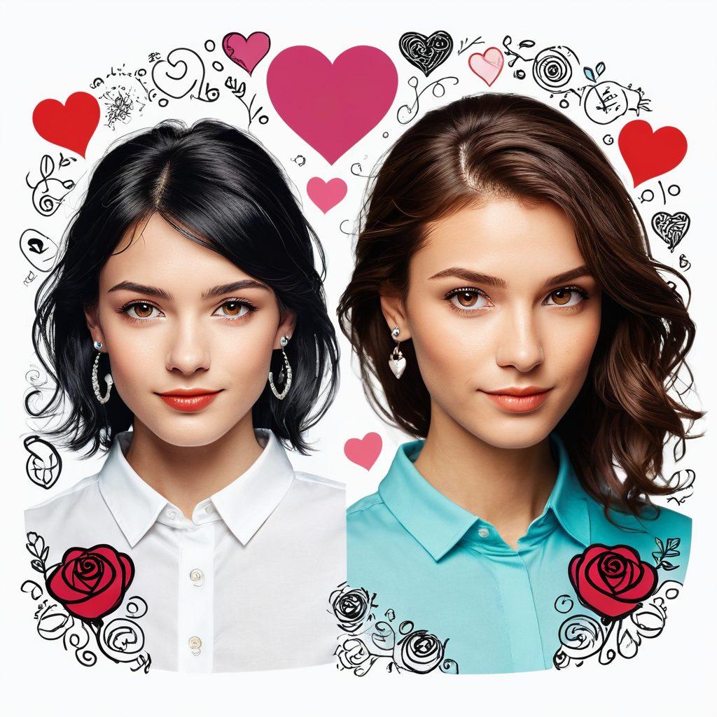 A split-screen image depicting two contrasting dating profiles: one showcasing an attractive, well-lit photo of a confident person with engaging interests and hobbies listed, while the other shows a cluttered, vague profile lacking personality. Include love-themed icons, such as hearts and chat bubbles, surrounding each profile. The background should feature whimsical doodles of romantic symbols like roses and engagement rings. playful illustration. vibrant colors. white background.