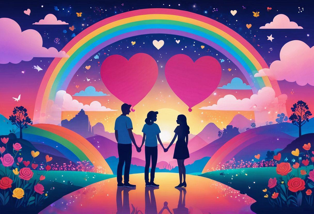 A whimsical illustration depicting a digital landscape where avatars of a couple are exchanging hearts, symbolizing online dating. Surround them with vibrant icons representing romance like roses, chat bubbles, and love letters, while a rainbow bridge connects different virtual worlds behind them. The scene is illuminated by soft, glowing lights and sparkles, conveying a sense of hope and excitement in finding true love. vector art. vibrant colors. digital theme.