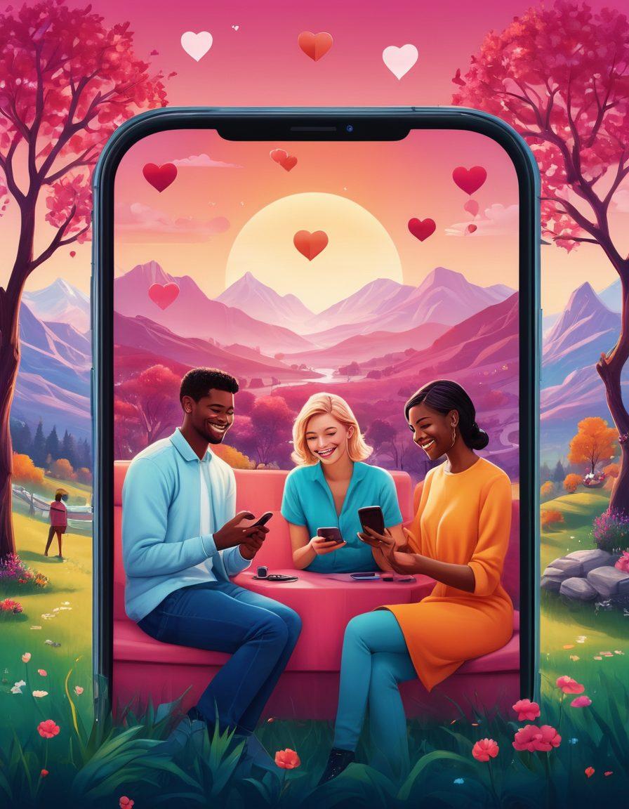 A vibrant illustration of a modern dating marketplace, showcasing a diverse group of individuals with smartphones, smiling and engaging on a love-themed app interface. Incorporate heart icons and digital elements symbolizing connection, combined with a whimsical backdrop of romantic landscapes. The scene should convey excitement and optimism about finding love online. bright colors. digital art. whimsical style.